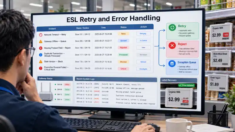 ESL retry and error handling dashboard for timeouts, duplicate transactions, stale updates, and failed promotions ESL retry and error handling dashboard for timeouts, duplicate transactions, stale updates, and failed promotions